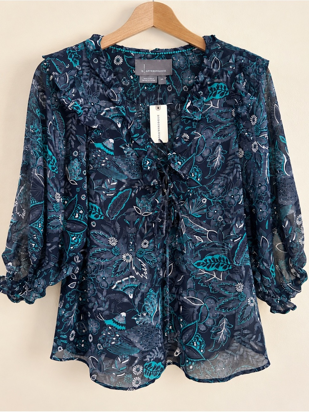 Anthropologie XS Navy Teal Floral Ruffle Tie-Front Sheer Boho Blouse NWT
